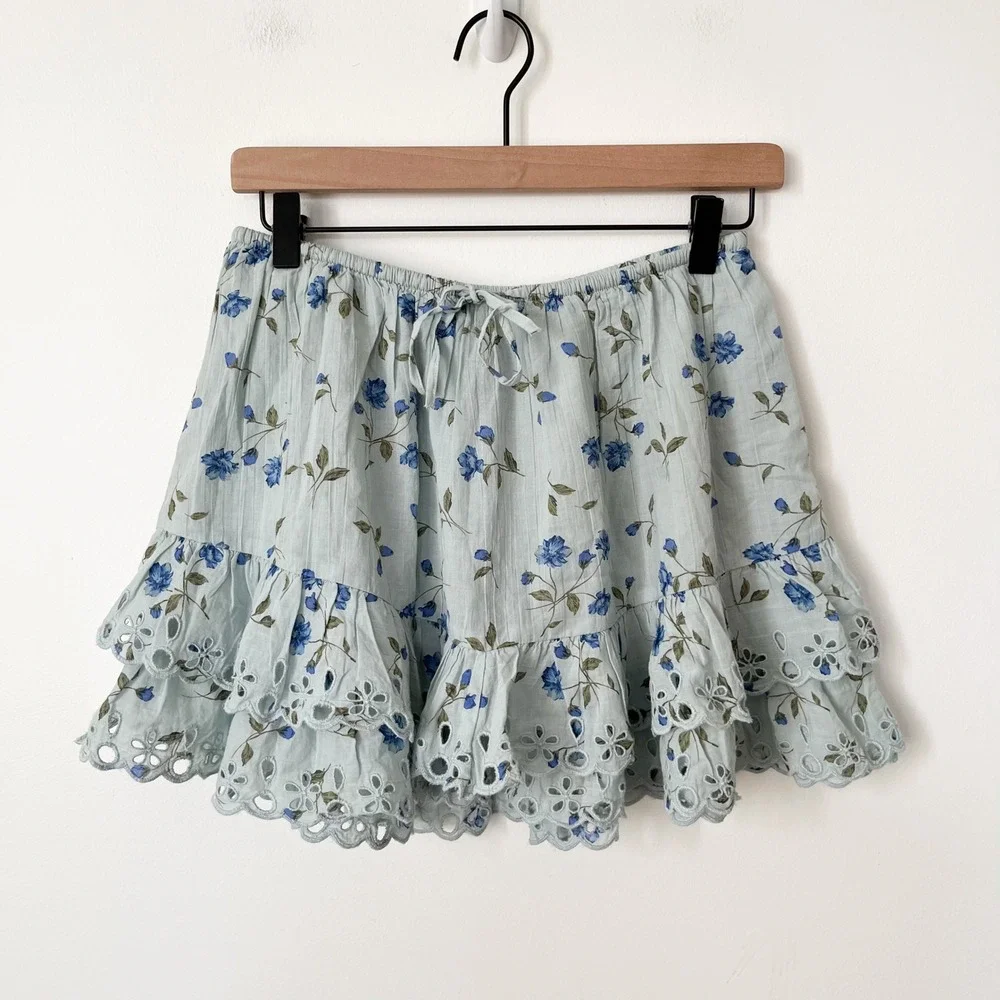 NEW American Eagle Floral Corset Top Tiered Mini Skirt Matching Set Small Blue